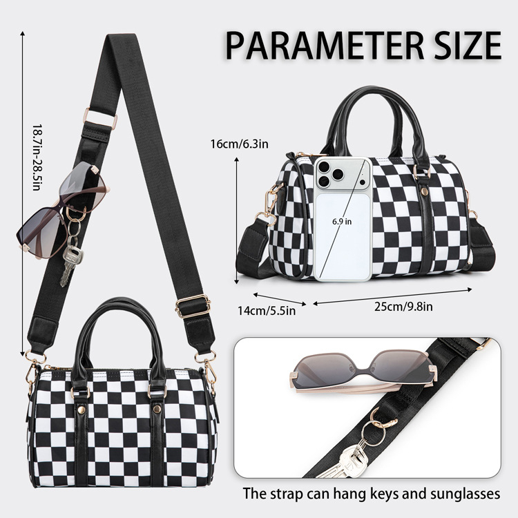 Ženska torba Boston, karirani uzorak, jastučastog oblika, s remenom za rame i crossbody