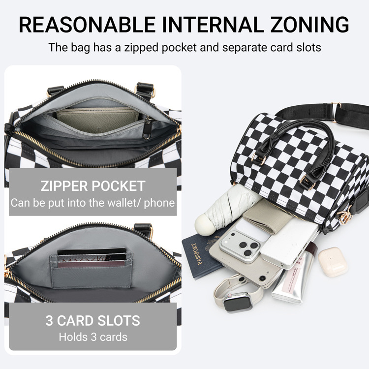 Ženska torba Boston, karirani uzorak, jastučastog oblika, s remenom za rame i crossbody