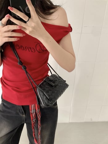 Nallcheer Ženska kožna torbica, mini kvadratnog oblika, koža prve sloje, pleteni motiv oblaka, korejski stil za rame