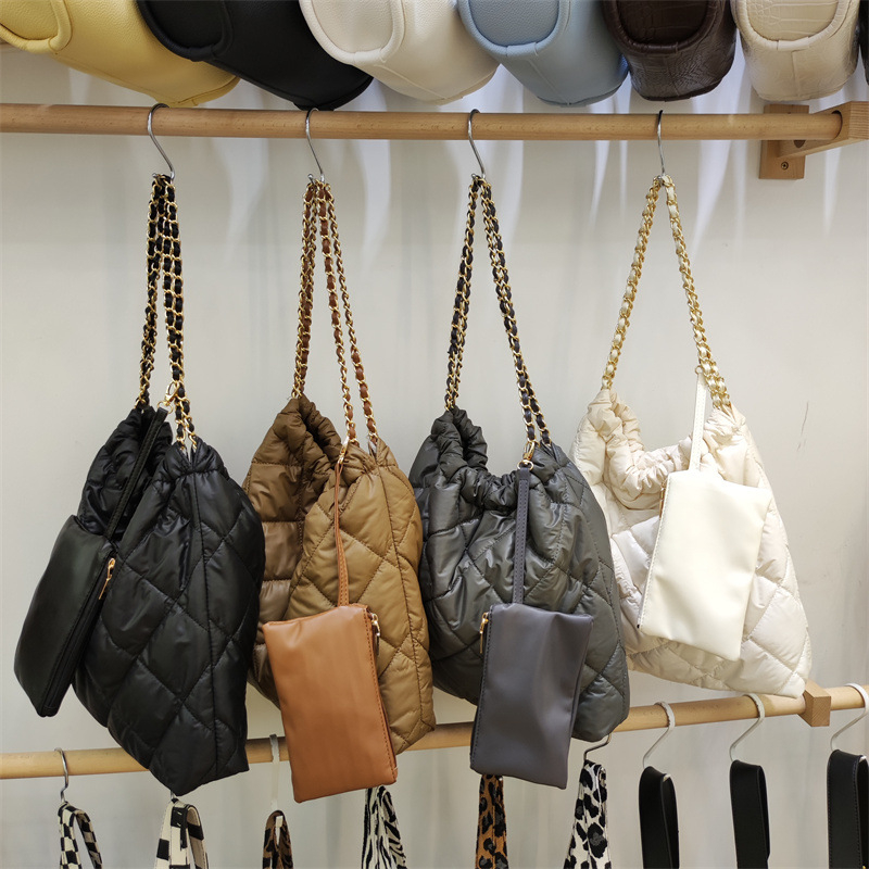PU kožna ženska torba preko ramena, dijamantni quilting, velika kapaciteta, retro korejski stil, lančani remen, bucket oblik, za jesen-zimu