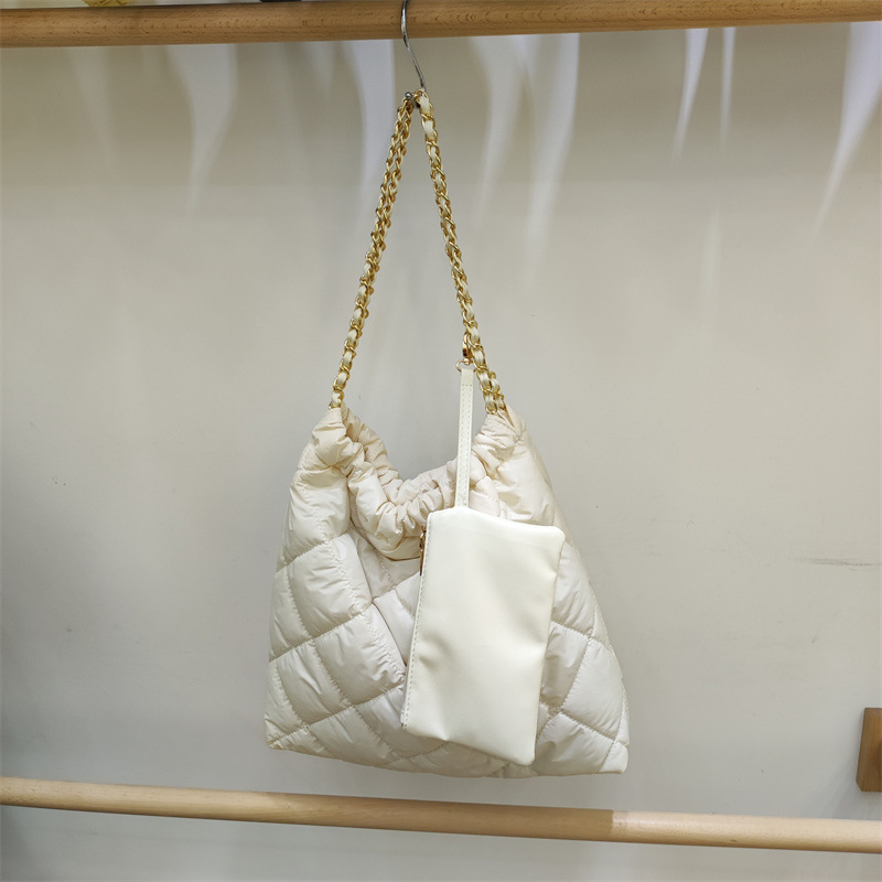 PU kožna ženska torba preko ramena, dijamantni quilting, velika kapaciteta, retro korejski stil, lančani remen, bucket oblik, za jesen-zimu