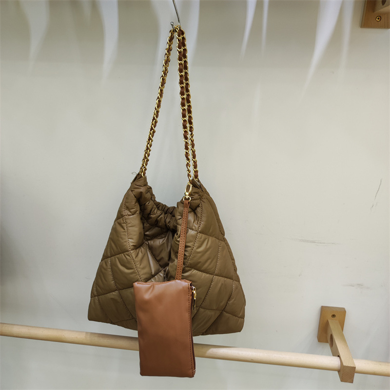 PU kožna ženska torba preko ramena, dijamantni quilting, velika kapaciteta, retro korejski stil, lančani remen, bucket oblik, za jesen-zimu