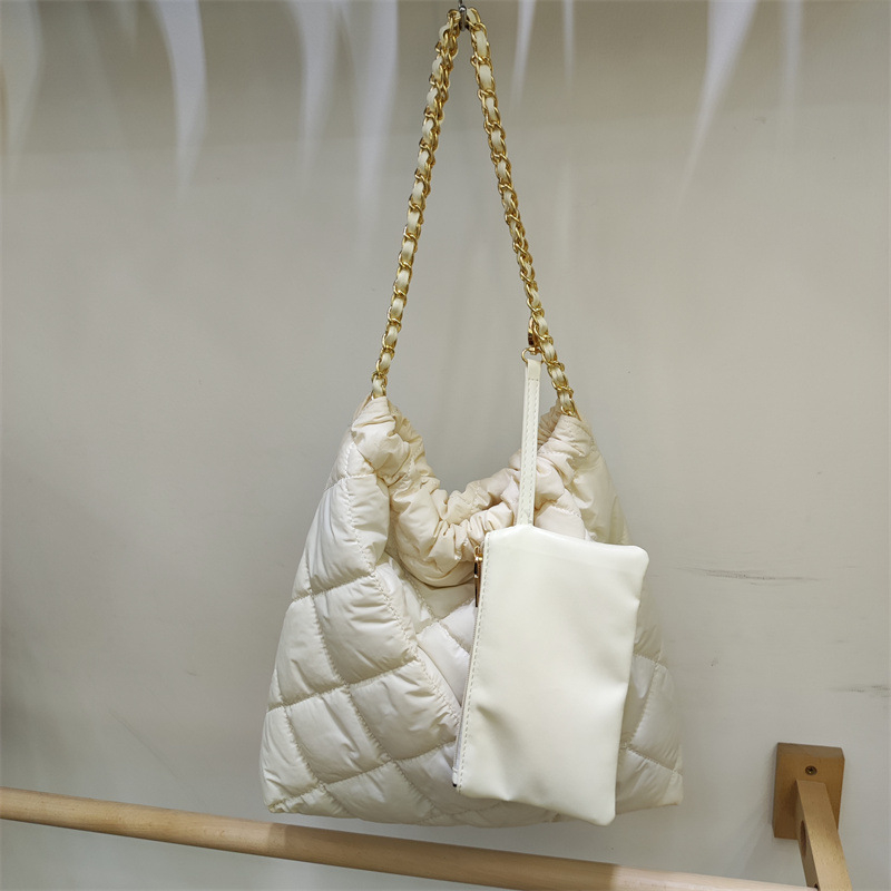 PU kožna ženska torba preko ramena, dijamantni quilting, velika kapaciteta, retro korejski stil, lančani remen, bucket oblik, za jesen-zimu
