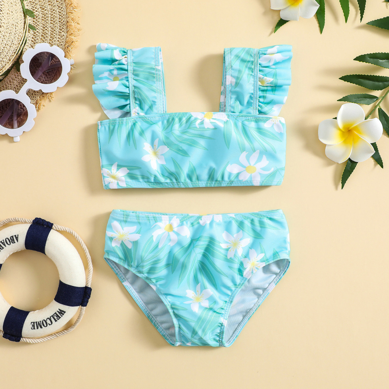 Dječji dvodijelni bikini set s cvjetnim uzorkom, visokom elastičnošću i UV zaštitom