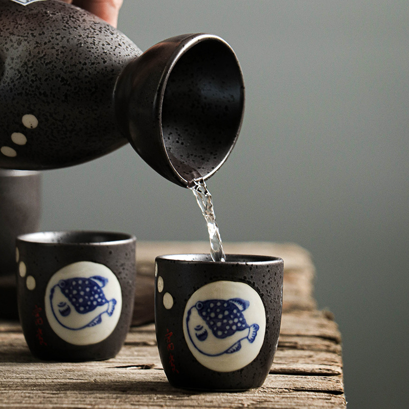 Set japonez de sake din ceramică pictată manual, în cutie cadou, cu o oală și patru cești, capacitate mare