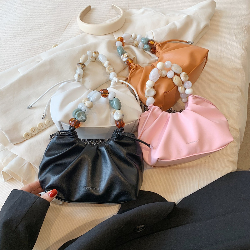 Ženska torba s akrilnim lancem, plisirani dizajn, mekana PU koža, srednje veličine, crossbody torba
