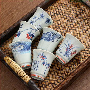 Ceașcă de ceai din porțelan albastru și alb, pictură manuală, pentru degustare Kung Fu, ceașcă ceramică pentru ceai, bol de ceai