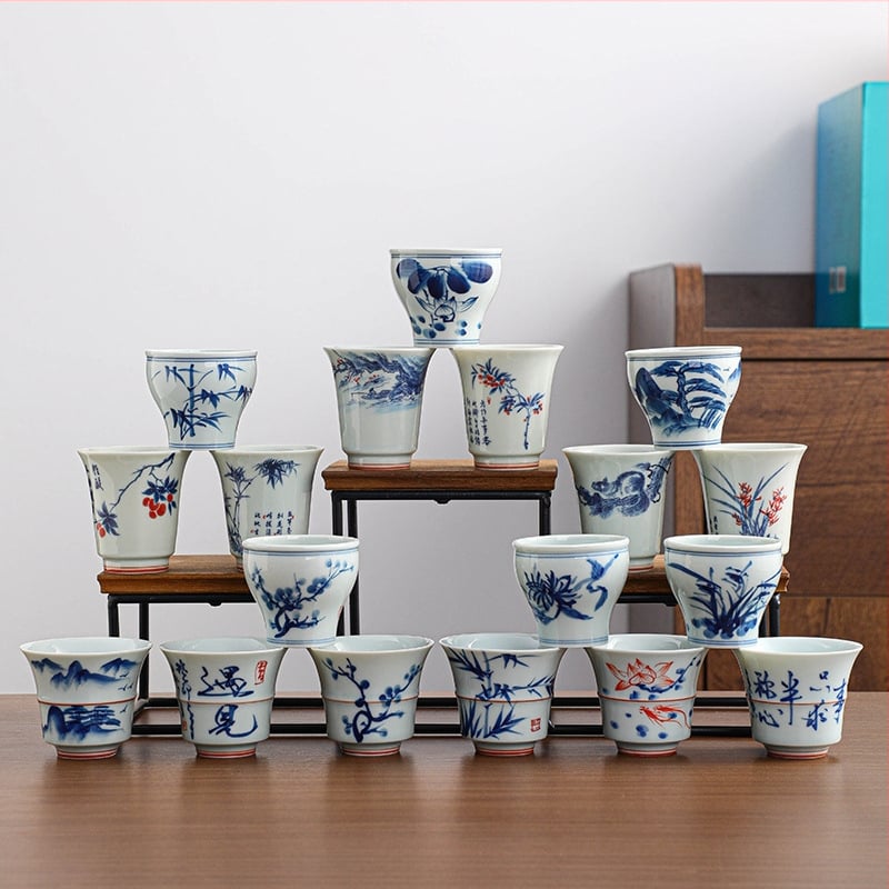 Ceașcă de ceai din porțelan albastru și alb, pictură manuală, pentru degustare Kung Fu, ceașcă ceramică pentru ceai, bol de ceai
