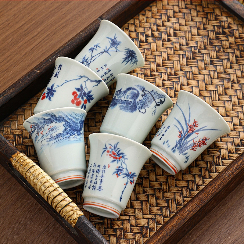 Ceașcă de ceai din porțelan albastru și alb, pictură manuală, pentru degustare Kung Fu, ceașcă ceramică pentru ceai, bol de ceai