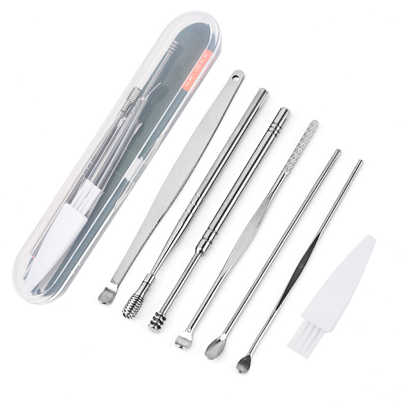 Set de șapte instrumente din oțel inoxidabil pentru curățarea urechilor, cu design spiral