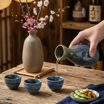 Set ceramic pentru sake: pahare multicolore și oală de sake, stil vintage, un vas și patru pahare, set cadou mare