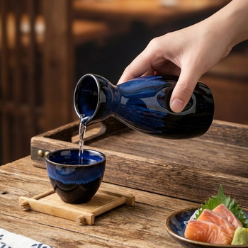 Set ceramic pentru sake: pahare multicolore și oală de sake, stil vintage, un vas și patru pahare, set cadou mare