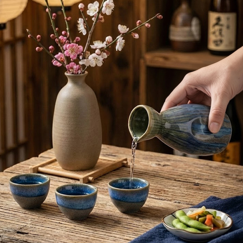 Set ceramic pentru sake: pahare multicolore și oală de sake, stil vintage, un vas și patru pahare, set cadou mare