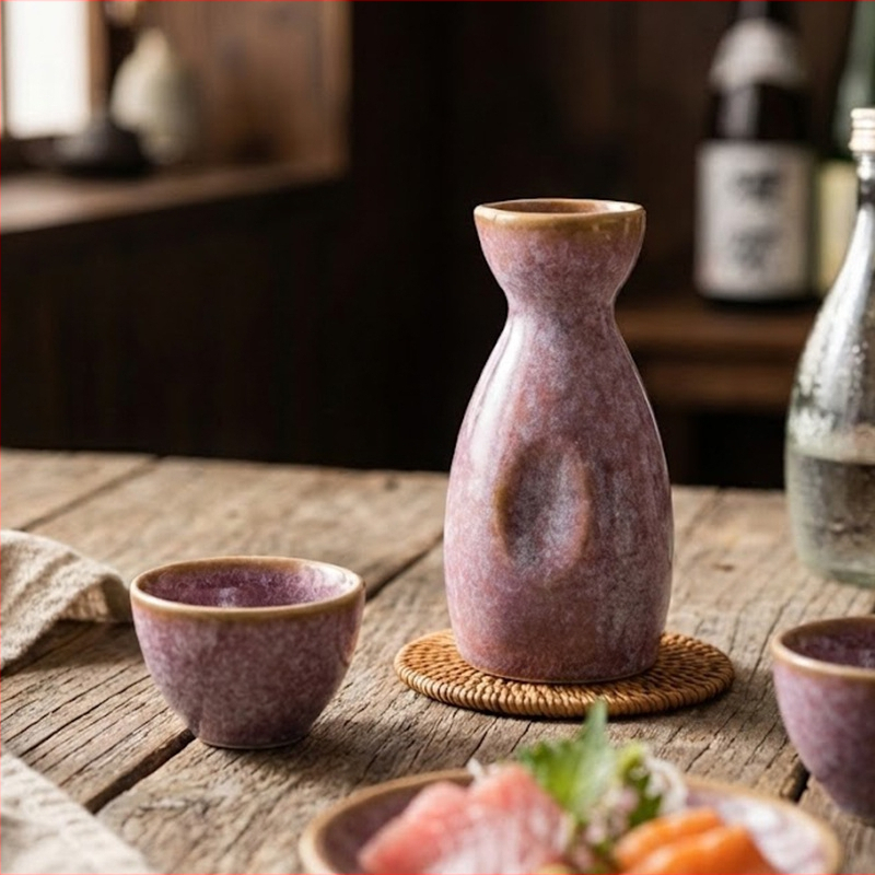 Set ceramic pentru sake: pahare multicolore și oală de sake, stil vintage, un vas și patru pahare, set cadou mare