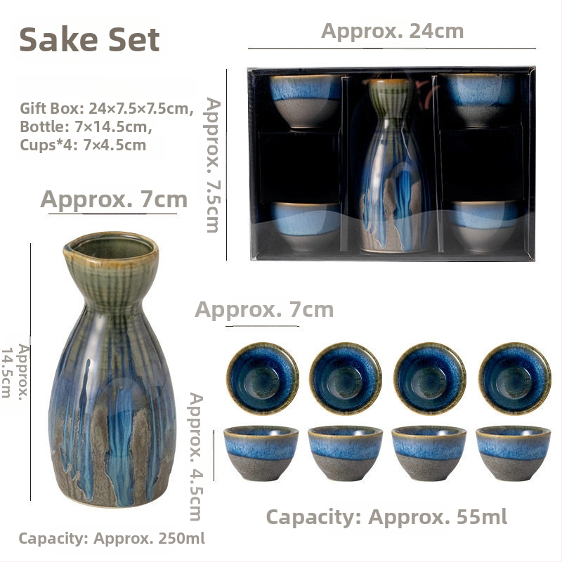 Set ceramic pentru sake: pahare multicolore și oală de sake, stil vintage, un vas și patru pahare, set cadou mare