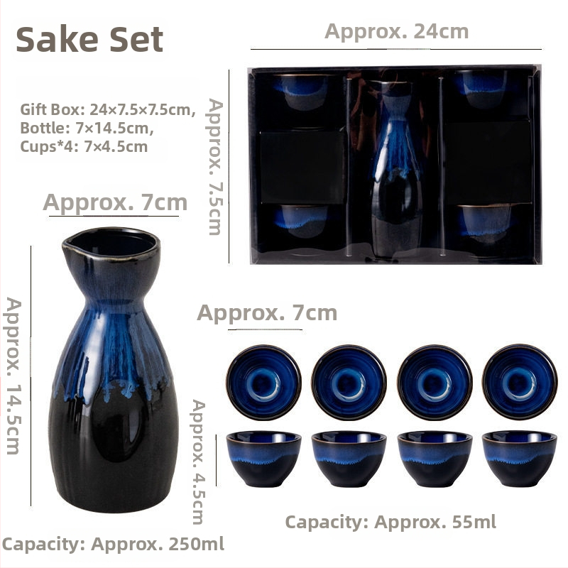 Set ceramic pentru sake: pahare multicolore și oală de sake, stil vintage, un vas și patru pahare, set cadou mare
