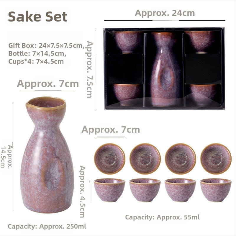 Set ceramic pentru sake: pahare multicolore și oală de sake, stil vintage, un vas și patru pahare, set cadou mare