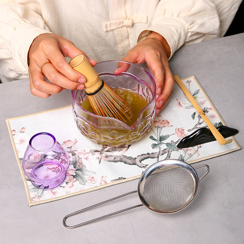 Vas de sticlă pentru matcha cu tel de bătut și suport, borosilicat, rezistent la temperaturi, inspirat de dinastia Song, set ceremonal japonez stil