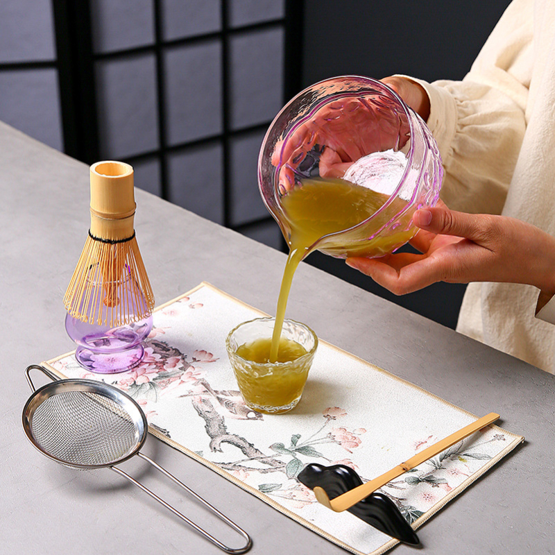 Vas de sticlă pentru matcha cu tel de bătut și suport, borosilicat, rezistent la temperaturi, inspirat de dinastia Song, set ceremonal japonez stil