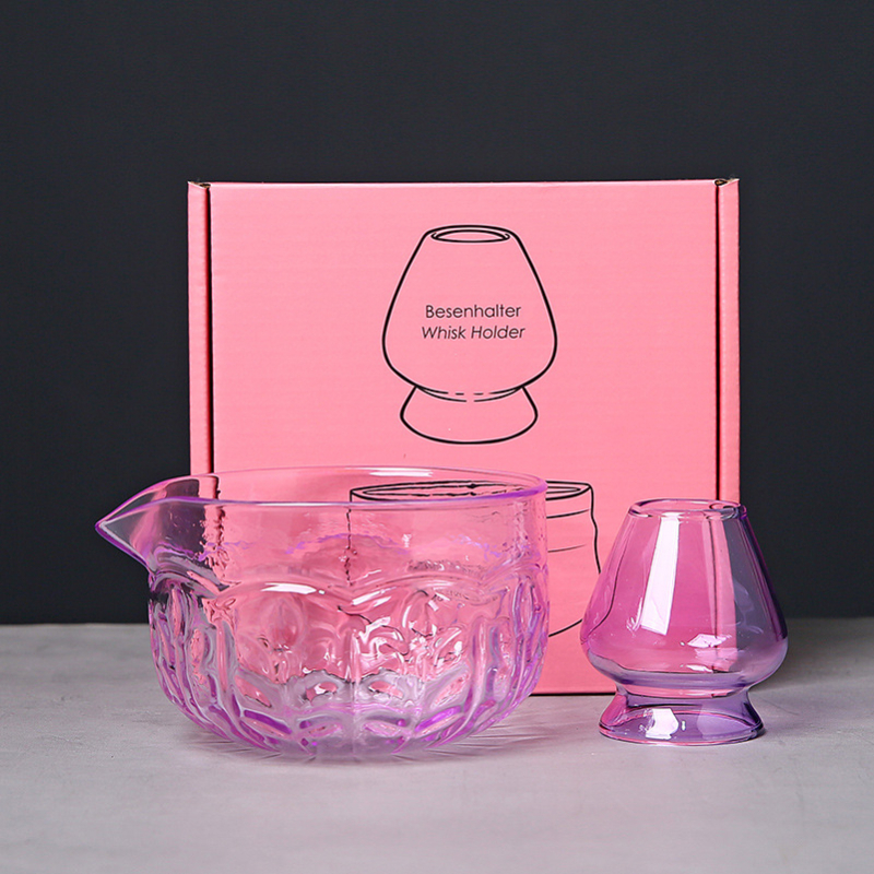 Vas de sticlă pentru matcha cu tel de bătut și suport, borosilicat, rezistent la temperaturi, inspirat de dinastia Song, set ceremonal japonez stil