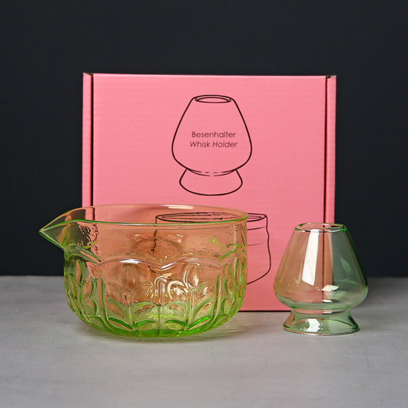 Vas de sticlă pentru matcha cu tel de bătut și suport, borosilicat, rezistent la temperaturi, inspirat de dinastia Song, set ceremonal japonez stil