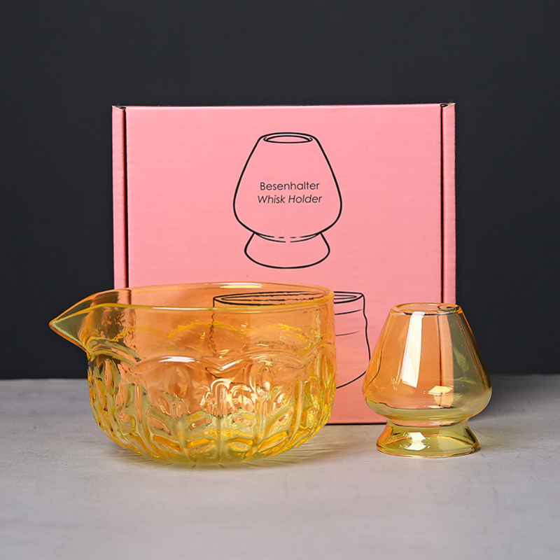 Vas de sticlă pentru matcha cu tel de bătut și suport, borosilicat, rezistent la temperaturi, inspirat de dinastia Song, set ceremonal japonez stil