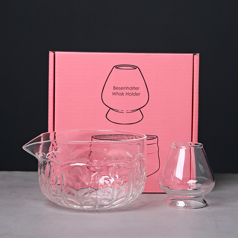 Vas de sticlă pentru matcha cu tel de bătut și suport, borosilicat, rezistent la temperaturi, inspirat de dinastia Song, set ceremonal japonez stil