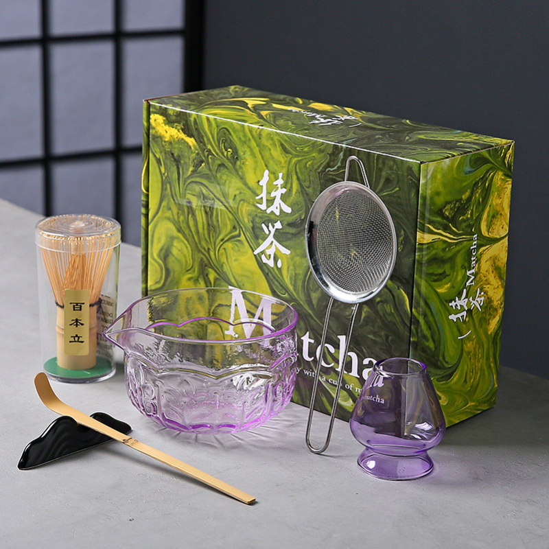 Vas de sticlă pentru matcha cu tel de bătut și suport, borosilicat, rezistent la temperaturi, inspirat de dinastia Song, set ceremonal japonez stil
