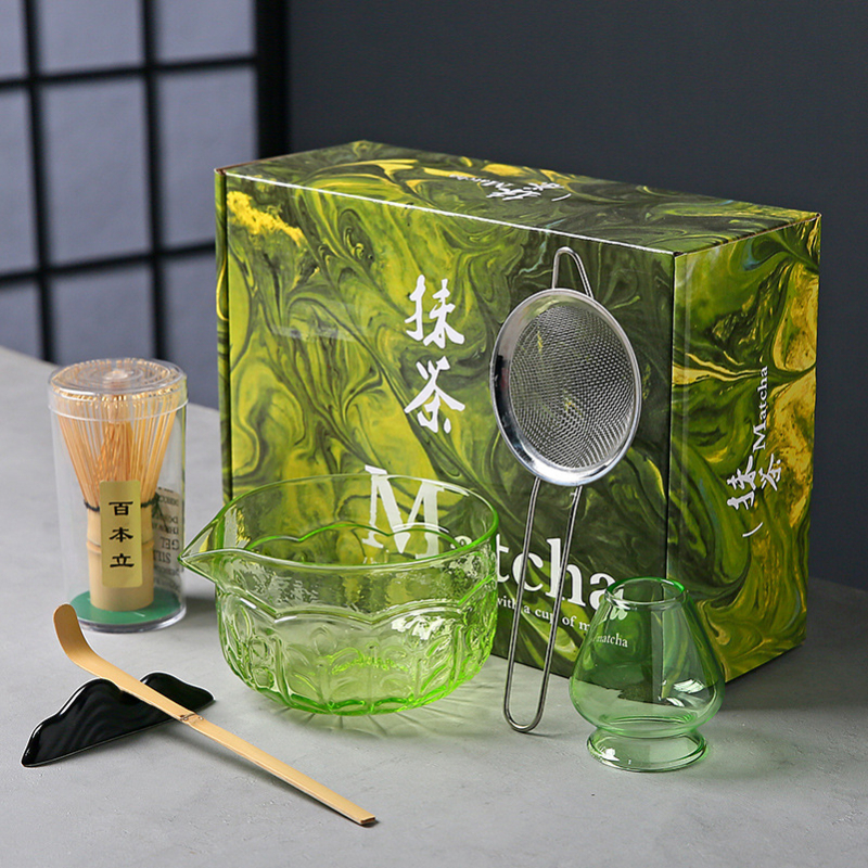 Vas de sticlă pentru matcha cu tel de bătut și suport, borosilicat, rezistent la temperaturi, inspirat de dinastia Song, set ceremonal japonez stil