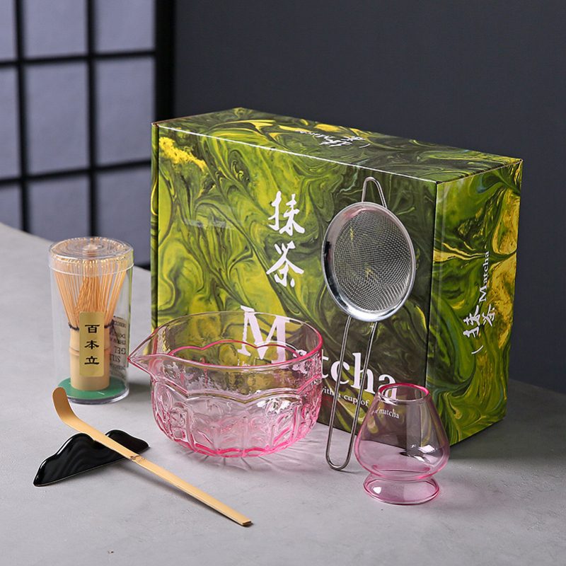 Vas de sticlă pentru matcha cu tel de bătut și suport, borosilicat, rezistent la temperaturi, inspirat de dinastia Song, set ceremonal japonez stil