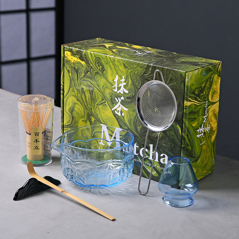 Vas de sticlă pentru matcha cu tel de bătut și suport, borosilicat, rezistent la temperaturi, inspirat de dinastia Song, set ceremonal japonez stil