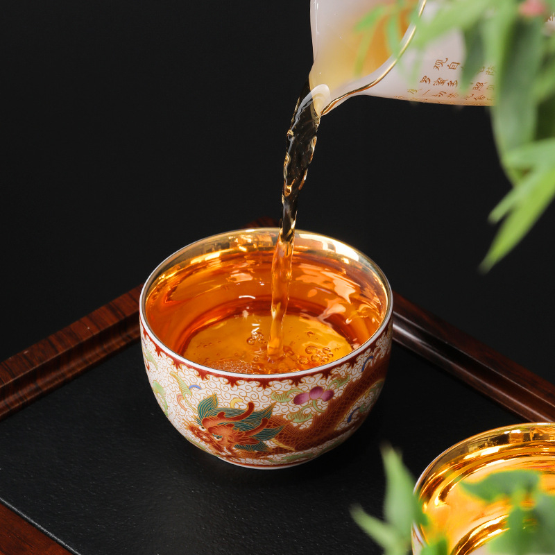 Ceasă de ceai Jianzhan cu dragon și phoenix, ceașcă de porțelan placat cu aur asemănător jadului, set ceramic pentru ceai Kung Fu, stil retro luxos