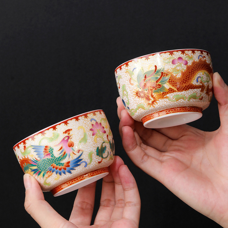 Ceasă de ceai Jianzhan cu dragon și phoenix, ceașcă de porțelan placat cu aur asemănător jadului, set ceramic pentru ceai Kung Fu, stil retro luxos