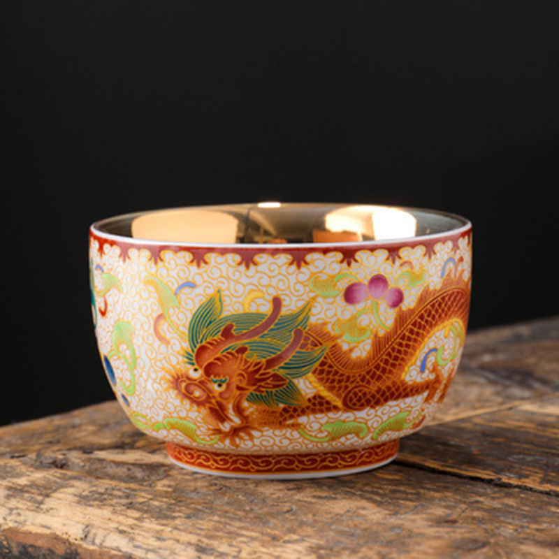 Ceasă de ceai Jianzhan cu dragon și phoenix, ceașcă de porțelan placat cu aur asemănător jadului, set ceramic pentru ceai Kung Fu, stil retro luxos