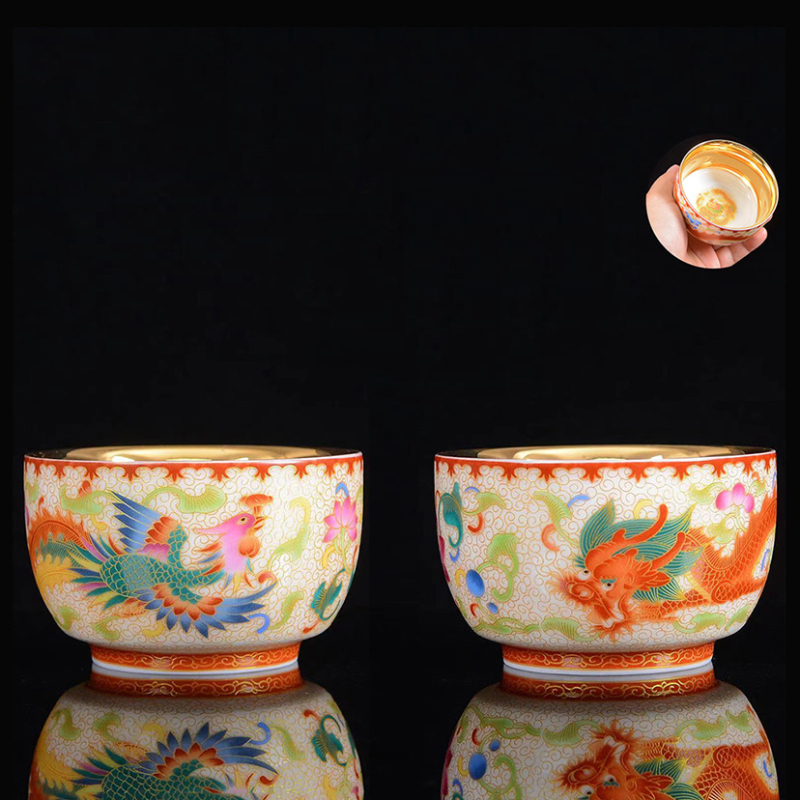 Ceasă de ceai Jianzhan cu dragon și phoenix, ceașcă de porțelan placat cu aur asemănător jadului, set ceramic pentru ceai Kung Fu, stil retro luxos