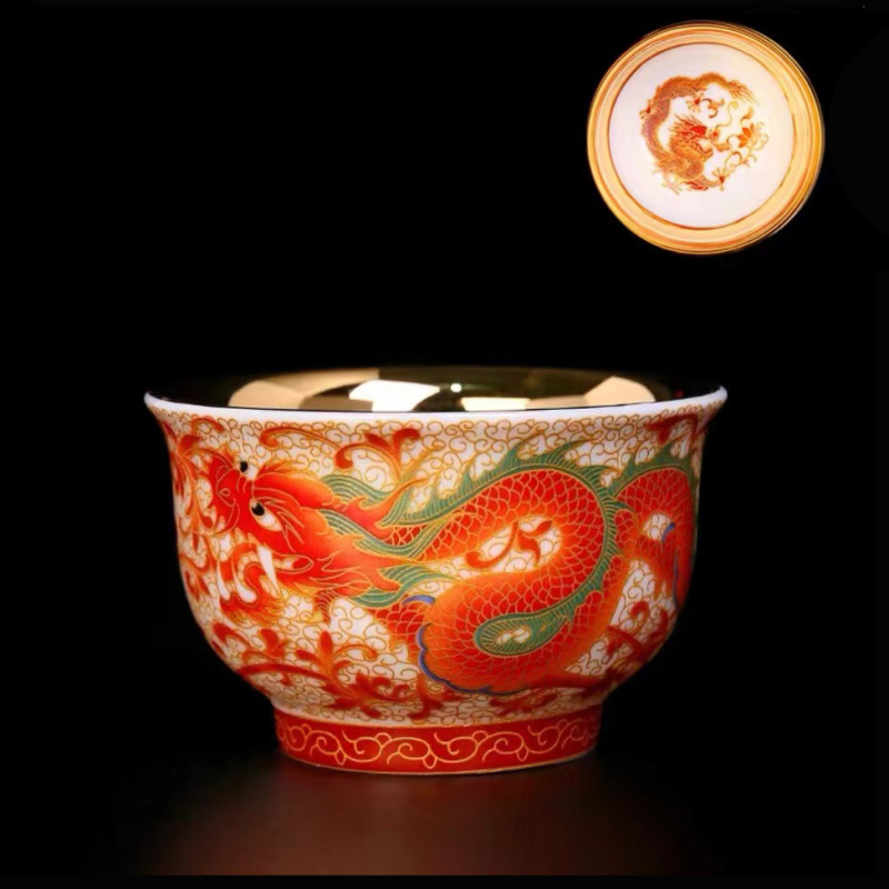 Ceasă de ceai Jianzhan cu dragon și phoenix, ceașcă de porțelan placat cu aur asemănător jadului, set ceramic pentru ceai Kung Fu, stil retro luxos