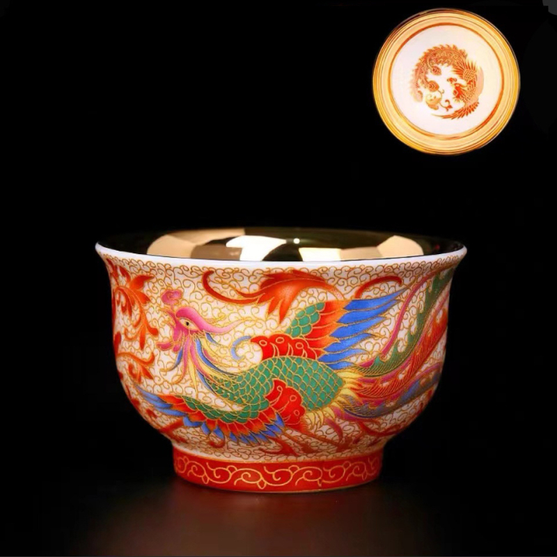 Ceasă de ceai Jianzhan cu dragon și phoenix, ceașcă de porțelan placat cu aur asemănător jadului, set ceramic pentru ceai Kung Fu, stil retro luxos