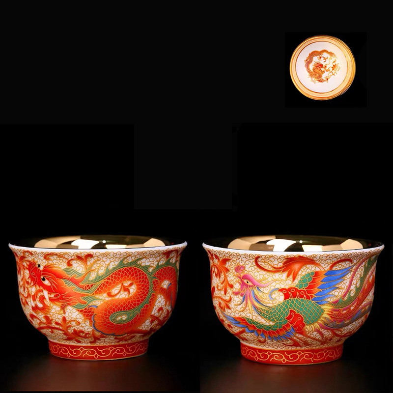 Ceasă de ceai Jianzhan cu dragon și phoenix, ceașcă de porțelan placat cu aur asemănător jadului, set ceramic pentru ceai Kung Fu, stil retro luxos