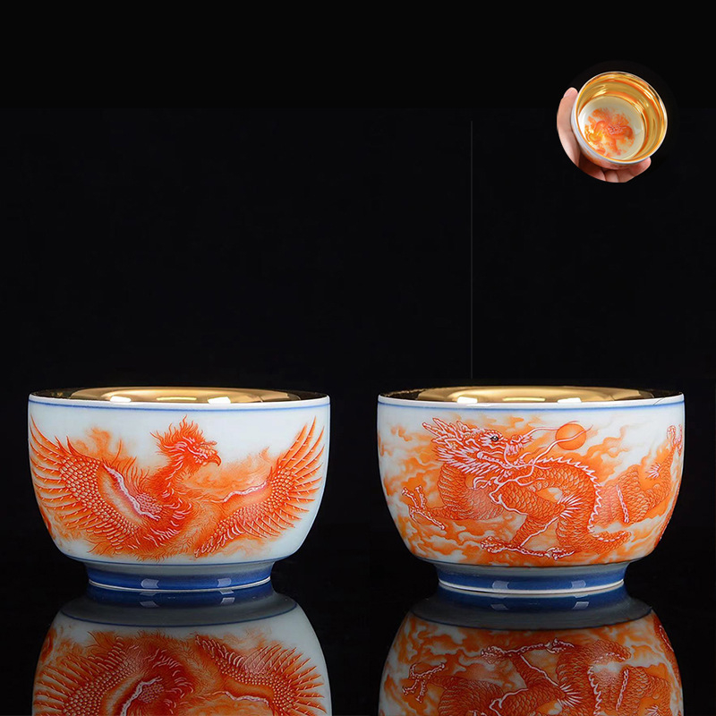 Ceasă de ceai Jianzhan cu dragon și phoenix, ceașcă de porțelan placat cu aur asemănător jadului, set ceramic pentru ceai Kung Fu, stil retro luxos