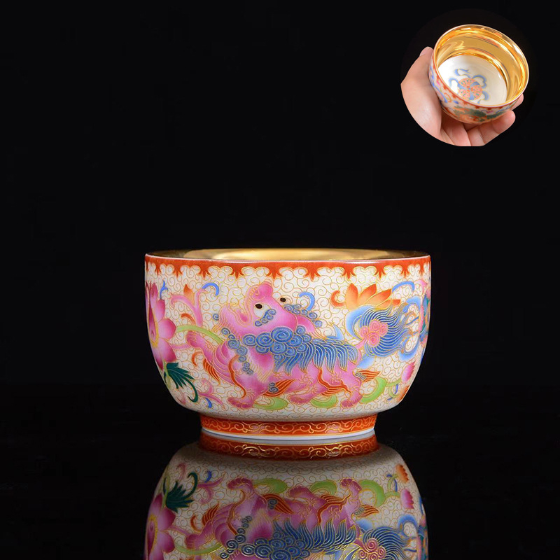 Ceasă de ceai Jianzhan cu dragon și phoenix, ceașcă de porțelan placat cu aur asemănător jadului, set ceramic pentru ceai Kung Fu, stil retro luxos
