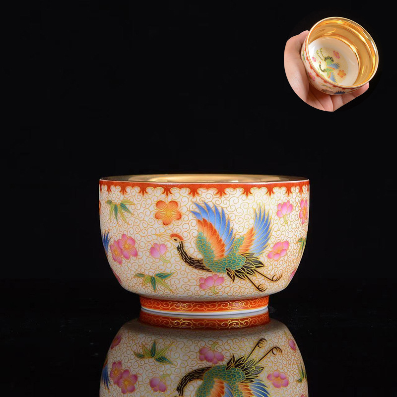 Ceasă de ceai Jianzhan cu dragon și phoenix, ceașcă de porțelan placat cu aur asemănător jadului, set ceramic pentru ceai Kung Fu, stil retro luxos