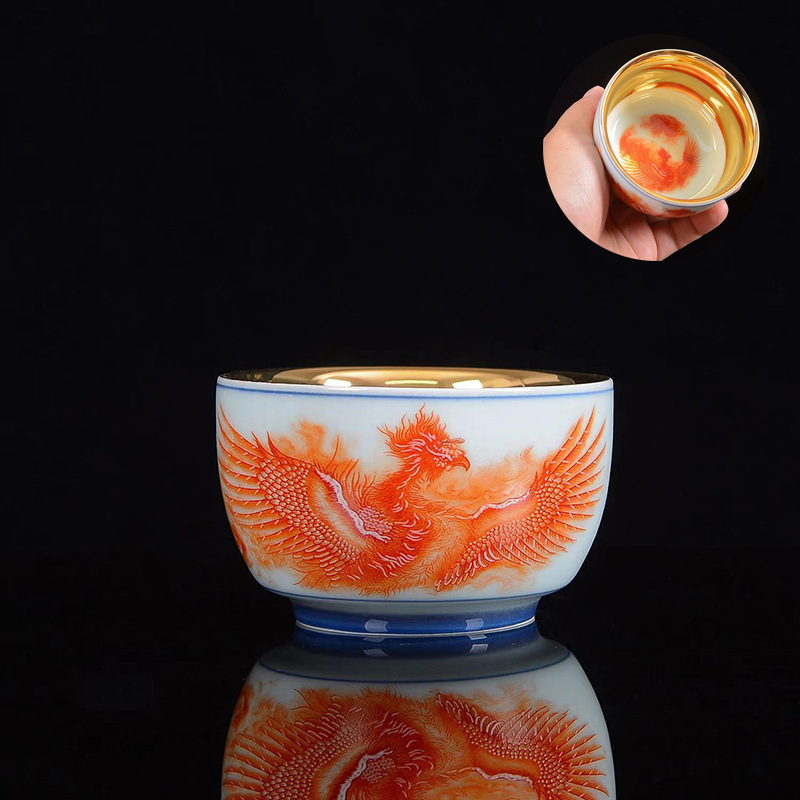 Ceasă de ceai Jianzhan cu dragon și phoenix, ceașcă de porțelan placat cu aur asemănător jadului, set ceramic pentru ceai Kung Fu, stil retro luxos