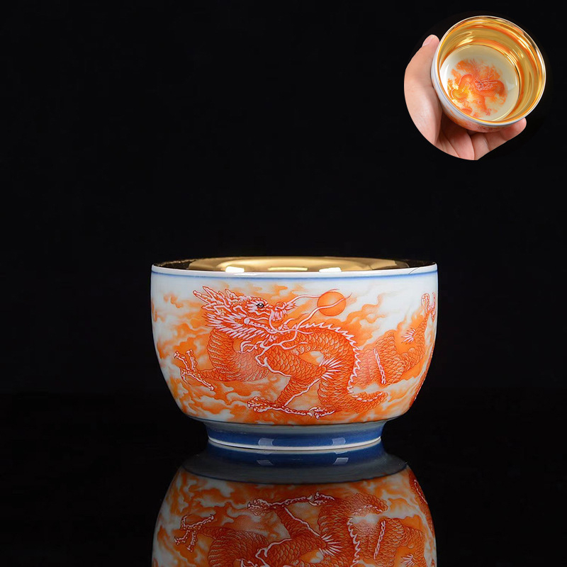 Ceasă de ceai Jianzhan cu dragon și phoenix, ceașcă de porțelan placat cu aur asemănător jadului, set ceramic pentru ceai Kung Fu, stil retro luxos