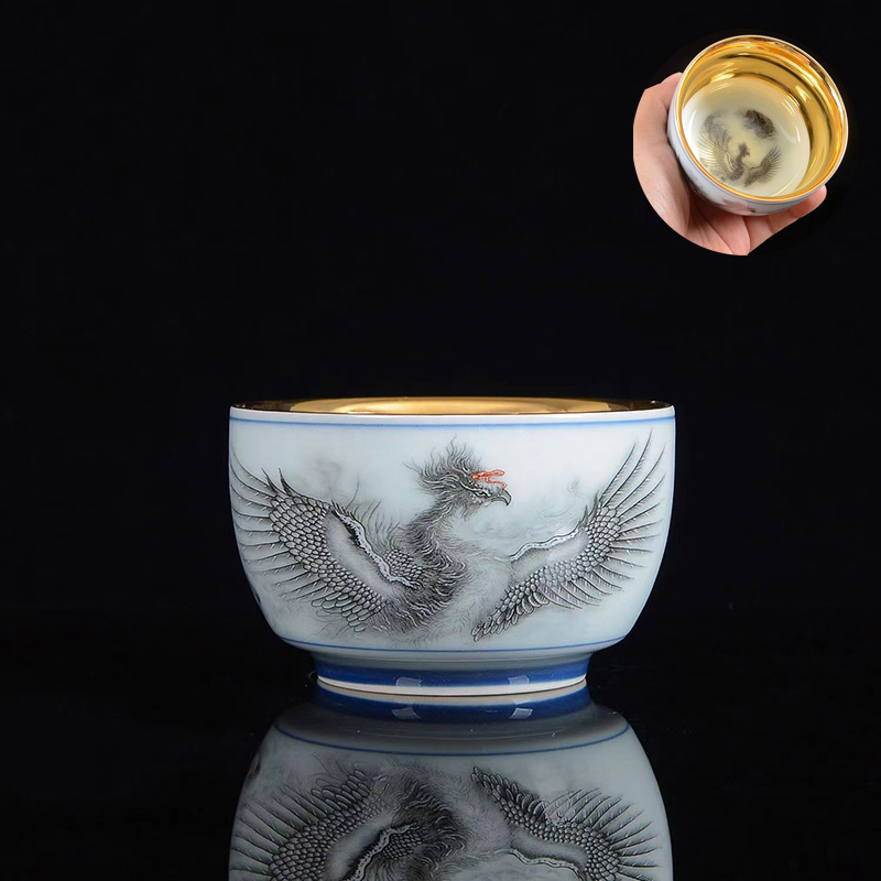 Ceasă de ceai Jianzhan cu dragon și phoenix, ceașcă de porțelan placat cu aur asemănător jadului, set ceramic pentru ceai Kung Fu, stil retro luxos