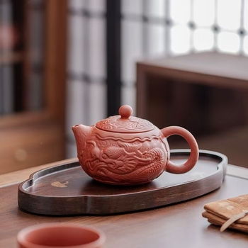 Ceainic din lut purpuriu nisipos, lucrat manual, cu relief dragon, design Dahongpao și Xishi, lut mineral original, capacitate mare, pentru prepararea ceaiului Gongfu