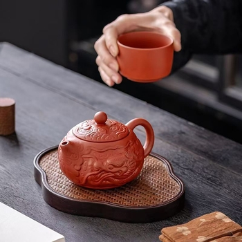 Ceainic din lut purpuriu nisipos, lucrat manual, cu relief dragon, design Dahongpao și Xishi, lut mineral original, capacitate mare, pentru prepararea ceaiului Gongfu