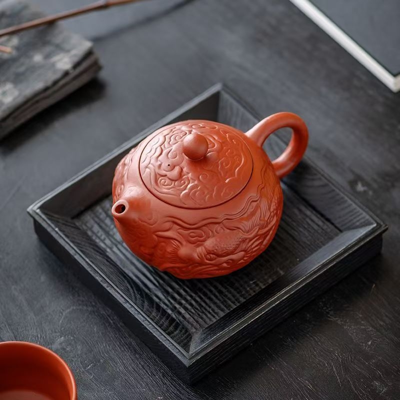 Ceainic din lut purpuriu nisipos, lucrat manual, cu relief dragon, design Dahongpao și Xishi, lut mineral original, capacitate mare, pentru prepararea ceaiului Gongfu