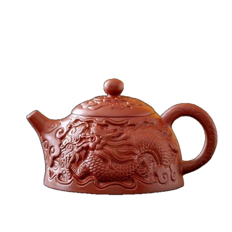 Ceainic din lut purpuriu nisipos, lucrat manual, cu relief dragon, design Dahongpao și Xishi, lut mineral original, capacitate mare, pentru prepararea ceaiului Gongfu