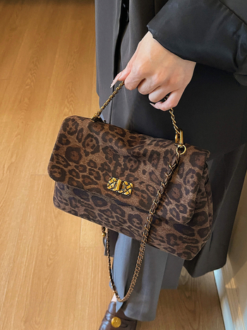 Kaka's House Casual Retro Leopard Print Lančana Crossbody Torba, Velur Materijal, Srednja Veličina, Ženska Dnevna Torba, Ljeto 2025