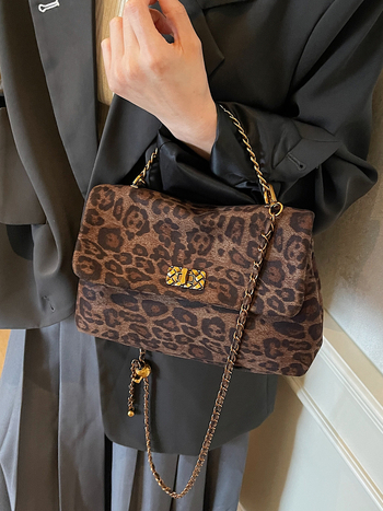 Kaka's House Casual Retro Leopard Print Lančana Crossbody Torba, Velur Materijal, Srednja Veličina, Ženska Dnevna Torba, Ljeto 2025